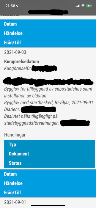 Skärmavbild av bygglovsbeslut med datum och status, känslig information är överstruken.