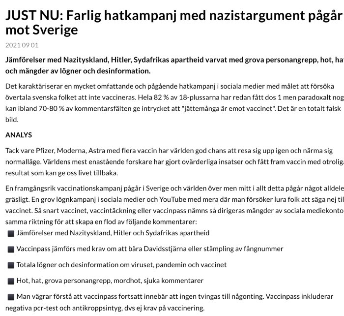 Skärmdump av en artikel med rubriken "Farlig hatkampanj med nazistargument pågår mot Sverige".