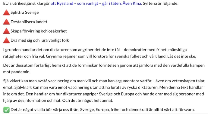 Skärmdump av en text som diskuterar propagandan mot vaccinering och påverkansförsök från diktaturer.