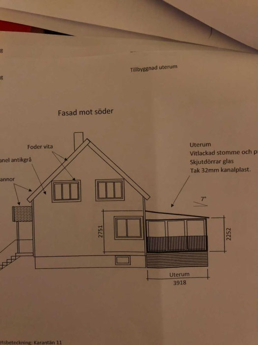 Arkitektonisk fasadritning av ett hus med tillbyggt uterum och måttangivelser.