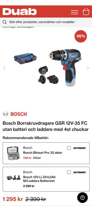 Bosch borrskruvdragare GSR 12V-35 FC, fyra chuckar och L-boxx, rabatterat pris på 1295 kronor, utan batteri och laddare.