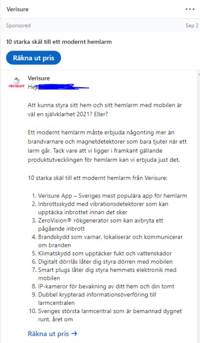 Skärmbild av ett sponsrat inlägg från Verisure på LinkedIn om fördelar med deras hemlarm.