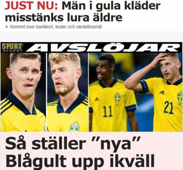 Fotbollsspelare i svenska landslagströjor visas i collage ovanför en artikelrubrik.