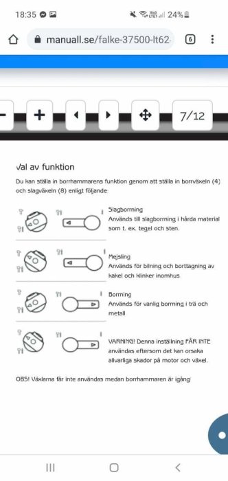 Skärmbild av bruksanvisning för borrhammare visande inställningar för slagborrning, mejsling och borrning.