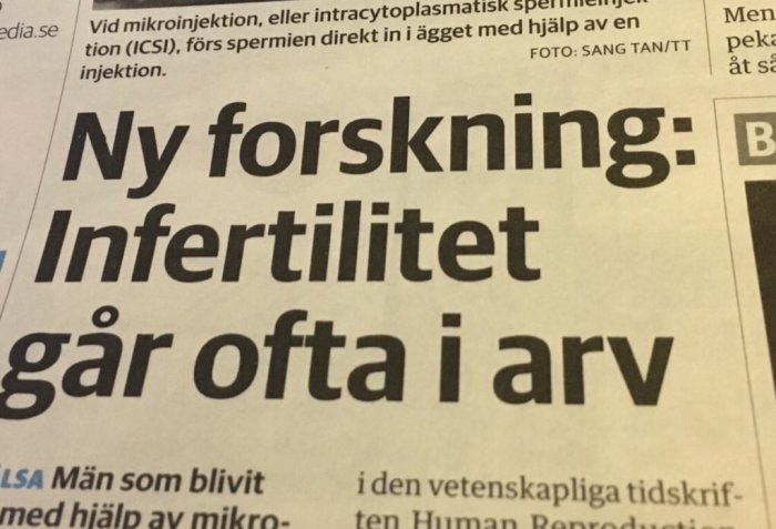 Utklipp av en tidningsartikel med rubriken "Ny forskning: Infertilitet går ofta i arv".