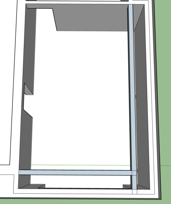 3D-Sketchupmodell av en konstruktion med limträbalkar och en planritning som visar ett urtag.