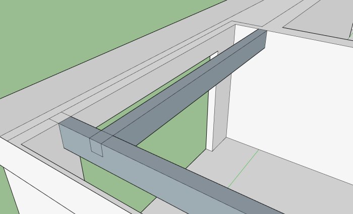 Skiss i Sketchup som visar två blå limträbalkar med ett urtag över ett garageförslag, utan synliga pelare.