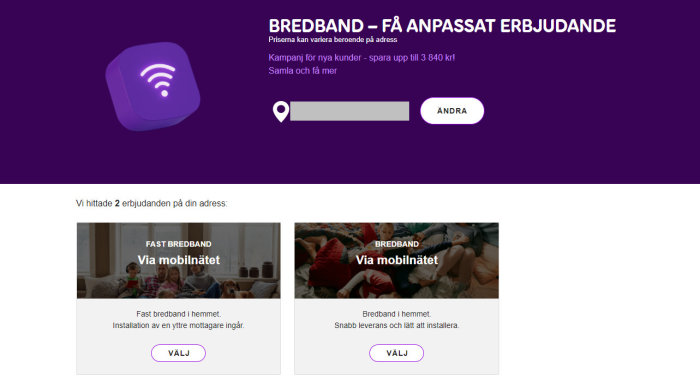 Webbsida för bredbandsalternativ med ikoner för fast och mobilt bredband samt erbjudandeinformation.