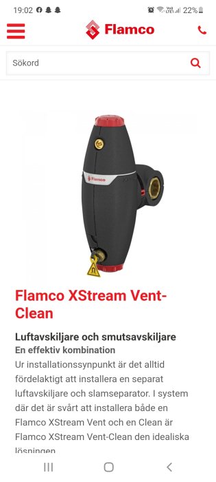 Flamco XStream Vent-Clean luftavskiljare och smutsavskiljare för värmesystem, visad på en mobilskärm.