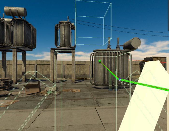 VR-spelutvecklingsscenario som visar desynkroniseringen av en rigidbody med teknisk visualisering av packet loss.