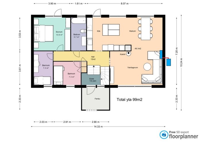 Planritning av ett hus med en markerad placering för en luft-luftvärmepump på norra sidan, nära vardagsrummet.