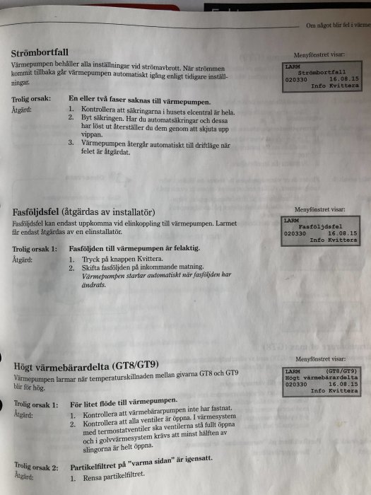 Instruktionsbok för bergvärmepump med avsnitt om strömbortfall, fasföljdsfel och högt värmebärardelta visande felmeddelanden.