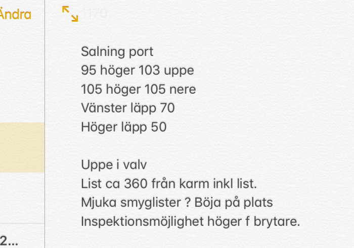 Anteckningar om mått och specifikationer för installation av en port, med siffror och instruktioner.