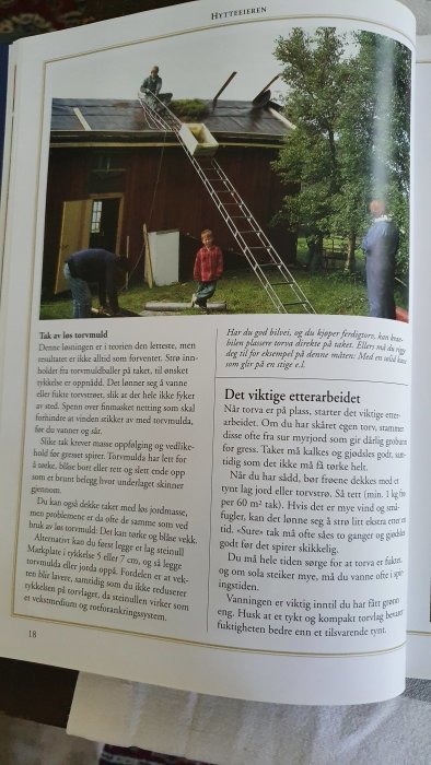 Person lägger torv på taket av ett rött hus medan andra personer hjälper till och en man vattnar gräsmattan.