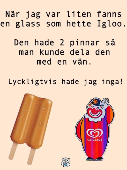 Illustration av en Igloo-glass med två pinnar och en tecknad GB Glace-figur, ackompanjerad av text om att dela glass.