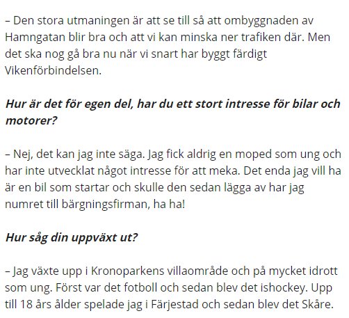 Skärmdump av en artikel där den nya gatuchefen i Karlstad diskuterar att minska biltrafik och sin bakgrund.