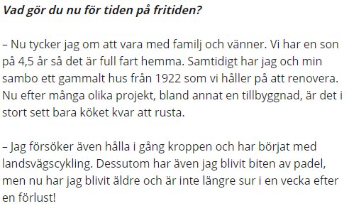 Skärmdump av en artikel om den nya gatuchefen i Karlstad med text om hans fritidsintressen.