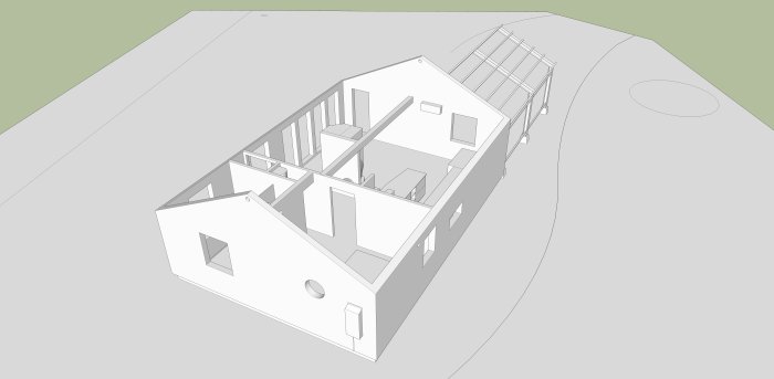 3D-modell av ett hus under konstruktion utan tak för visualisering av layout och rumsindelning.