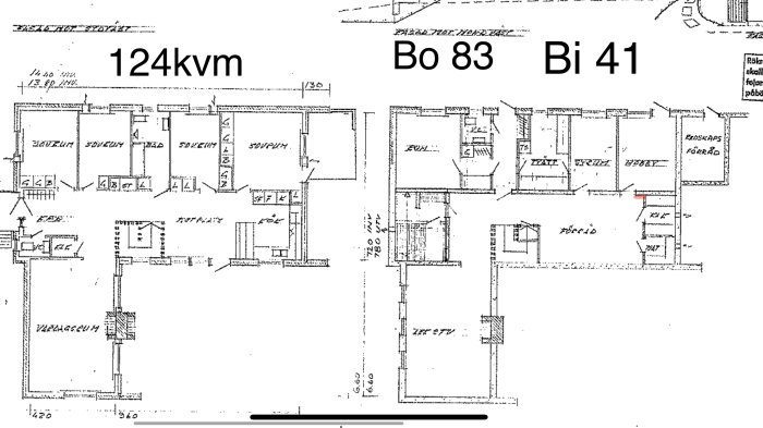 Ritning av husplan med angivna mått för boarea och biarea, 124 kvm, Bo 83 kvm, Bi 41 kvm.