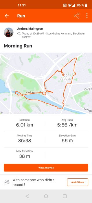 Skärmavbild av löpningsapp med karta som visar en 6,01 km löprunda i Stockholm.