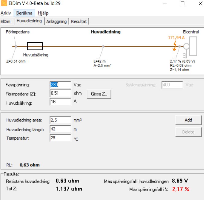 Skärmdump av programmet ELDiM v4.0-beta build 29 som visar en beräkningsmodul för elinstallationer.