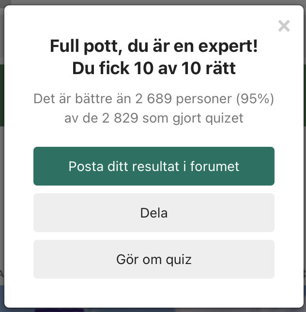 Skärmdump av quizresultat med full poäng och texten "du är en expert! Du fick 10 av 10 rätt".