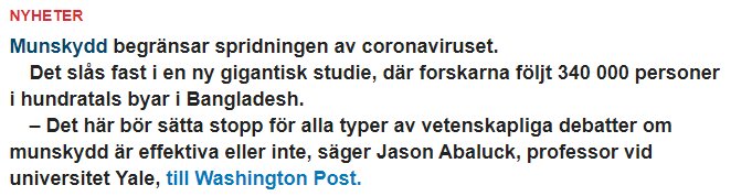 Nyhetstext om studie som visar att munskydd begränsar spridningen av coronaviruset.