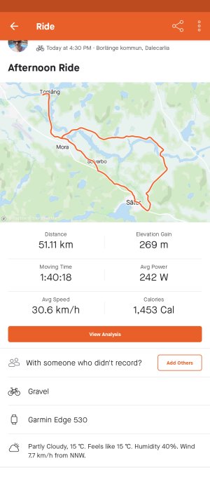 Skärmklipp av kartspår för cykeltur som visar sträcka, höjdvinst och statistik för "Afternoon Ride".