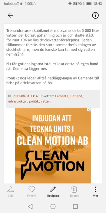 Skärmdump av ett diskussionsforum med text om vattenförsörjningen på Gotland och annons för Clean Motion AB.