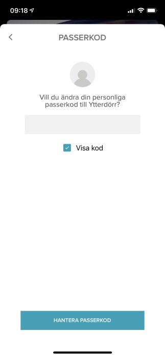 Skärmbild av Yale Access appen visar den tomma passerkodssektionen med knappar för 'Visa kod' och 'Hantera passerkod'.