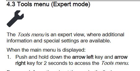 Manualsida som beskriver hur man aktiverar Expertläge i Tools-menyn med en skiftnyckelikon.