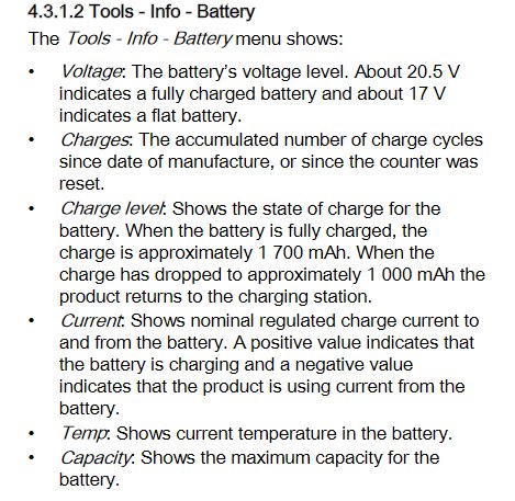 Skärmbild av handbokssida med information om batterimeny för verktyg, visar spänning, laddcykler och andra batteridata.