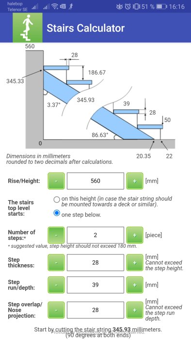 Skärmdump av en trappräknareapp som visar mått och beräkningar för en trappkonstruktion med två steg.