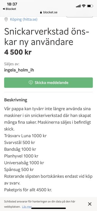 Annonssida för snickeriverktyg på Blocket med priser och säljinformation.