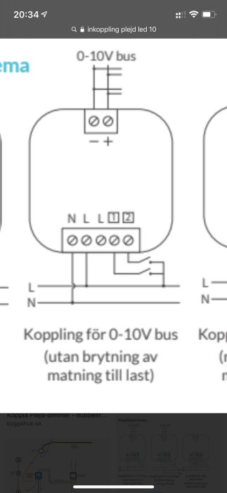 Elektriskt kopplingsschema för 0-10V bus matning utan brytning av matning till last.
