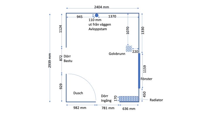 Skalenlig ritning av badrum med dimensioner, innehållande bastudörr, dusch, ingångsdörr, golvbrunn, fönster och radiator.