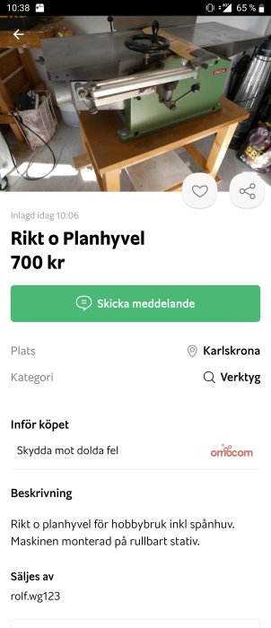 Begagnad INCA rikt och planhyvel på rullbart stativ för hobbybruk, med spånhuven på en arbetsbänk.