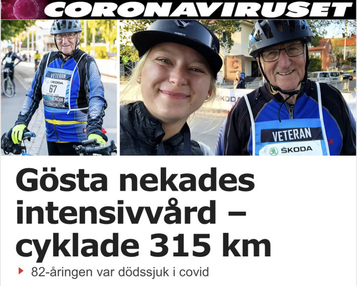 En äldre man i cykelkläder och hjälm poserar leende bredvid en yngre kvinna, båda ser glada ut.