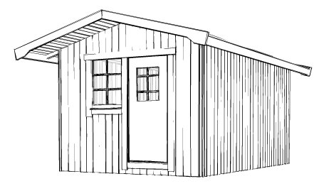 Skiss i svartvitt av ett litet fristående förråd med dörr och fönster baserat på en Sketchup-ritning.