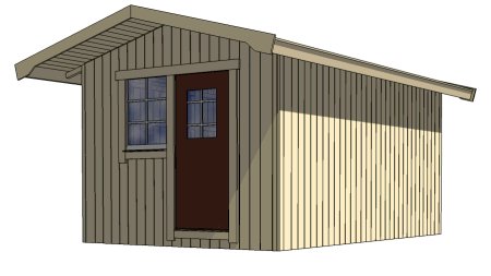 3D-modell av ett litet träskjul med dörr och fönster designad i Sketchup.