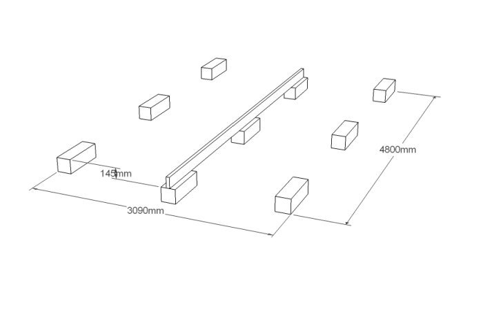 Skiss av bottenram för en stuga upp-pallad på betongstenar med måttangivelser.