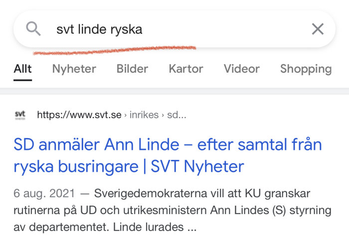 Skärmbild av en Google-sökning på "svt linde ryska" som visar en nyhetsartikel från SVT.