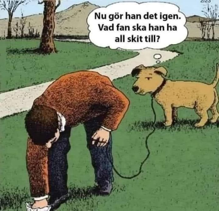 Animerad bild där en person böjer sig ner och en hund tittar på med en tankebubbla.