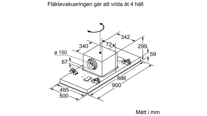 Teknisk ritning av en takintegrerad köksfläkt med måttangivelser och justeringsmöjligheter.