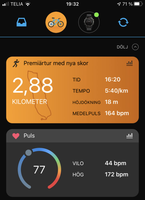 Skärmbild från en aktivitetsmätare som visar uppgifter från en löprunda: 2,88 km distans, tid, tempo, höjdförändring och pulsdata.