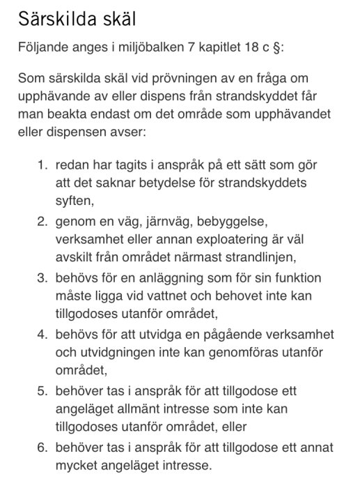 Textdokument som listar sex särskilda skäl för strandskyddsdispens enligt Miljöbalken.