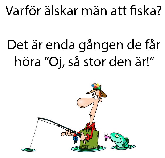 Tecknad bild av en glad man som fiskar, med texten "Varför älskar män att fiska? Det är enda gången de får höra 'Oj, så stor den är!'