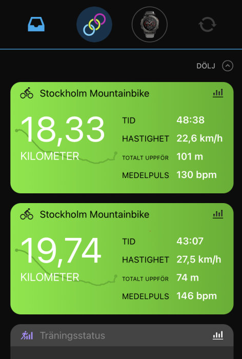 Cykeldator statistik före och efter nya däck, visar distans, tid, hastighet och puls.