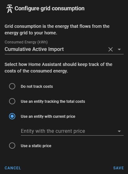 Skärmdump av konfigurationsinställningar för elanvändning i Home Assistant med alternativ för spårning av kostnader.