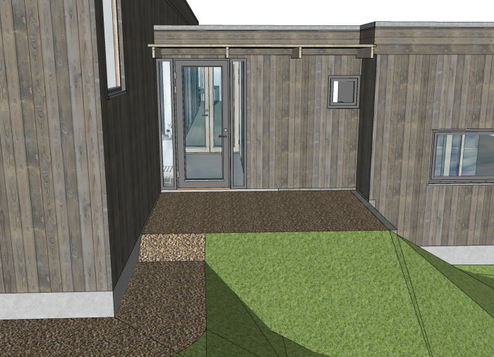 3D-modell av husförslag med träpanelväggar, glasdörr, gräsmatta och grusgång.